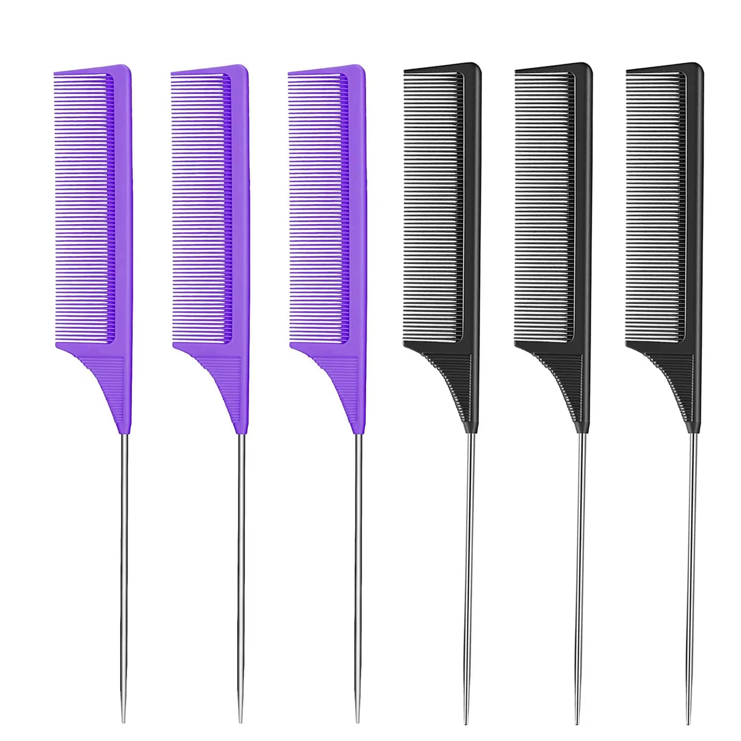 6 Packs Rat Tail Comb Steel Pin Rat Tail Carbon Fiber Heat Resistant Teasing Combs with Stainless Steel Pintail