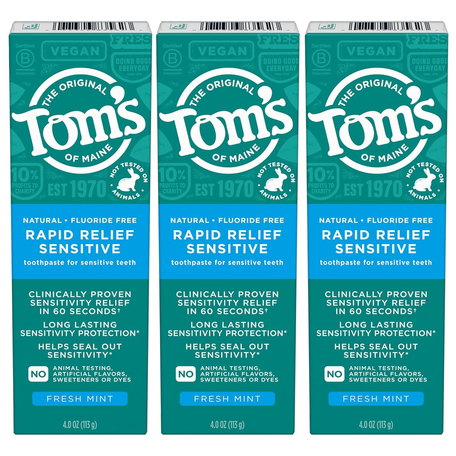 Fluoride-Free Rapid Relief Sensitive Toothpaste, Fresh Mint, 4 Oz. 3-Pack (Packaging May Vary)