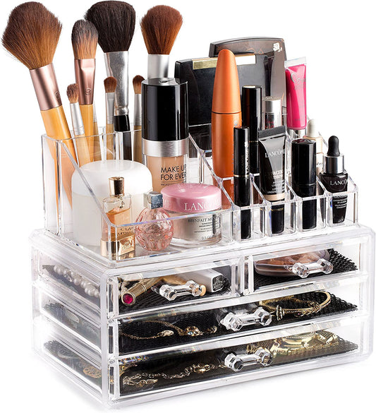 Clear Makeup Organizer – 16-Compartment Cosmetic and Jewelry Holder, 4-Drawer Vanity Storage, Elegant Clear Design for Makeup and Accessories