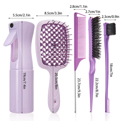 5Pcs/Set Detangling Hair Brush Pink Wig Brush Curved Rat Tail Comb Set Edge Hair Brush Curly Hair Brush Hairdressing Supplies