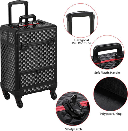 Rolling Makeup Train Case Aluminum Cosmetic Case with Wheels Barber Case Salon Lockable Travel Trolley with Sliding Drawers Removable Divider, Black/Red