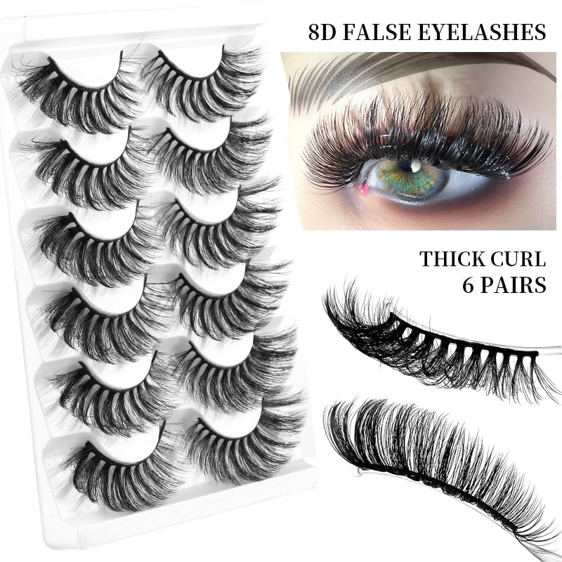 Mink Lashes Wispy False Eyelashes Cat Eye Lashes Natural Look Fluffy 8D Volume Strip Fake Eyelashes 6 Pairs Pack, Long-Lasting, Ultra-Light, CC Curl Lash Extension Effect (CD22)