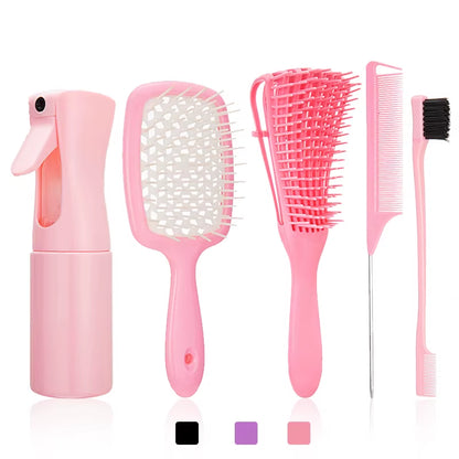 5Pcs/Set Detangling Hair Brush Pink Wig Brush Curved Rat Tail Comb Set Edge Hair Brush Curly Hair Brush Hairdressing Supplies