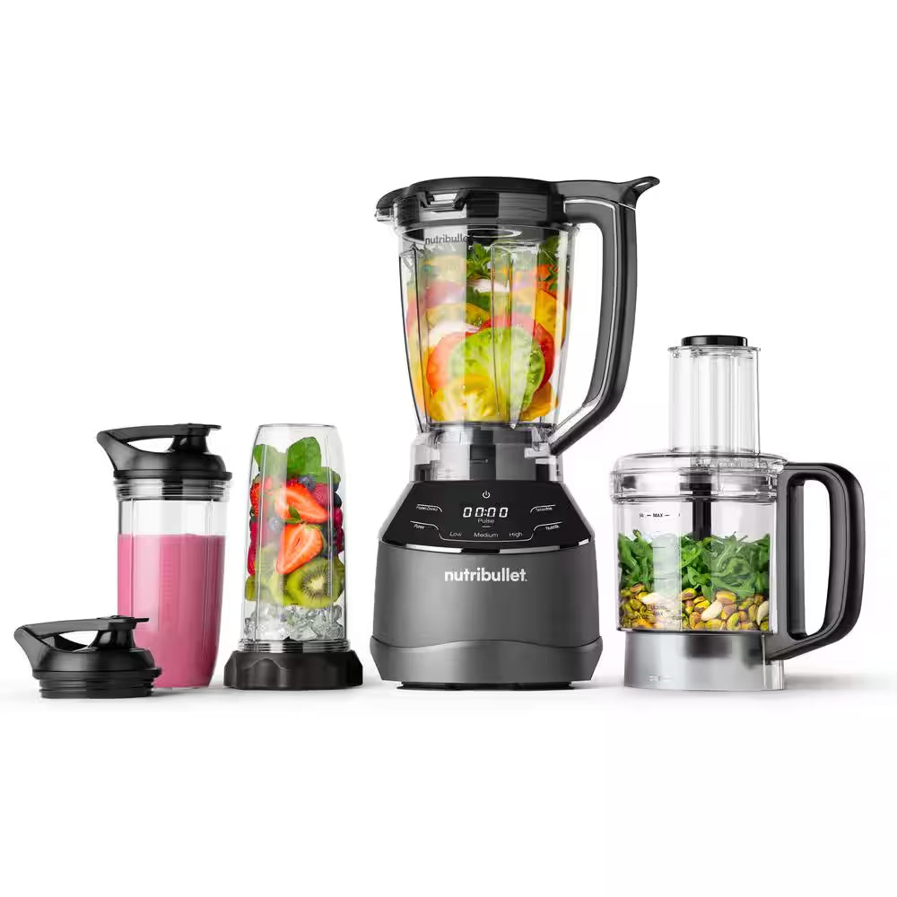 64 Oz Triple Prep System 3 Speed Multifaceted Blender 7 Cup Food Processor Attachment in Gray