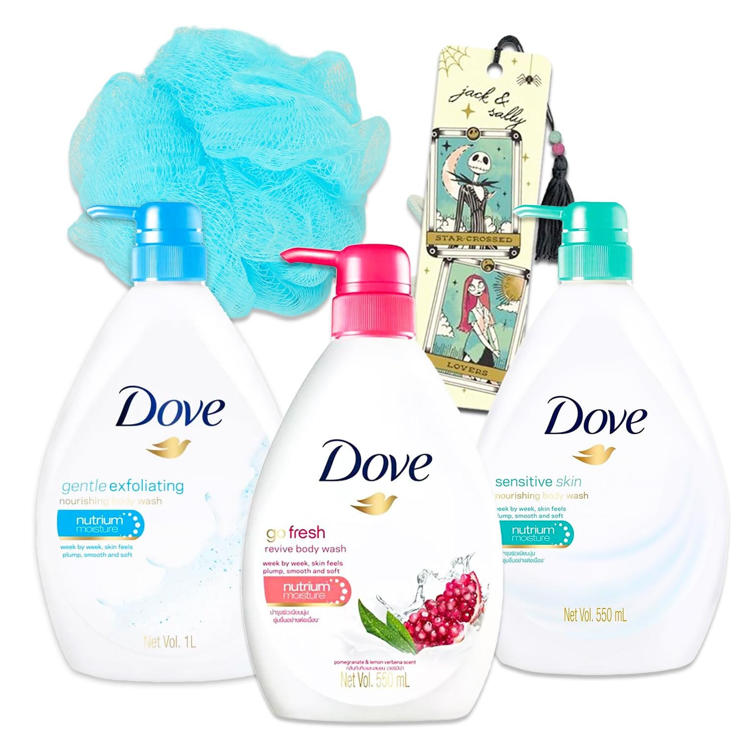 Dove Body Wash Variety Pack Set of 3 - Bundle with 3 Dove Body Wash Soap Bottles Including Sensitive Skin, Deeply Nourishing, and Revive plus Loofah Sponge, More.