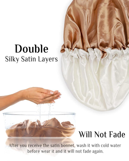 Silk Bonnet, Satin Bonnet Reversible Double Silky Satin Layers Sleep Bonnet, Adjustable Satin Sleep Cap, Two Color in One, Reversible (Gold)