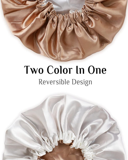Silk Bonnet, Satin Bonnet Reversible Double Silky Satin Layers Sleep Bonnet, Adjustable Satin Sleep Cap, Two Color in One, Reversible (Gold)