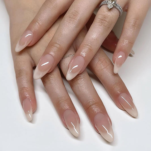 24Pcs Nude Gradient French Tip Press on Nails Medium Length Almond Shaped Artificial Acrylic Fake Nails  Full Cover Reusable Glossy Nature French Coffin False Nails Glue on Nails for Women