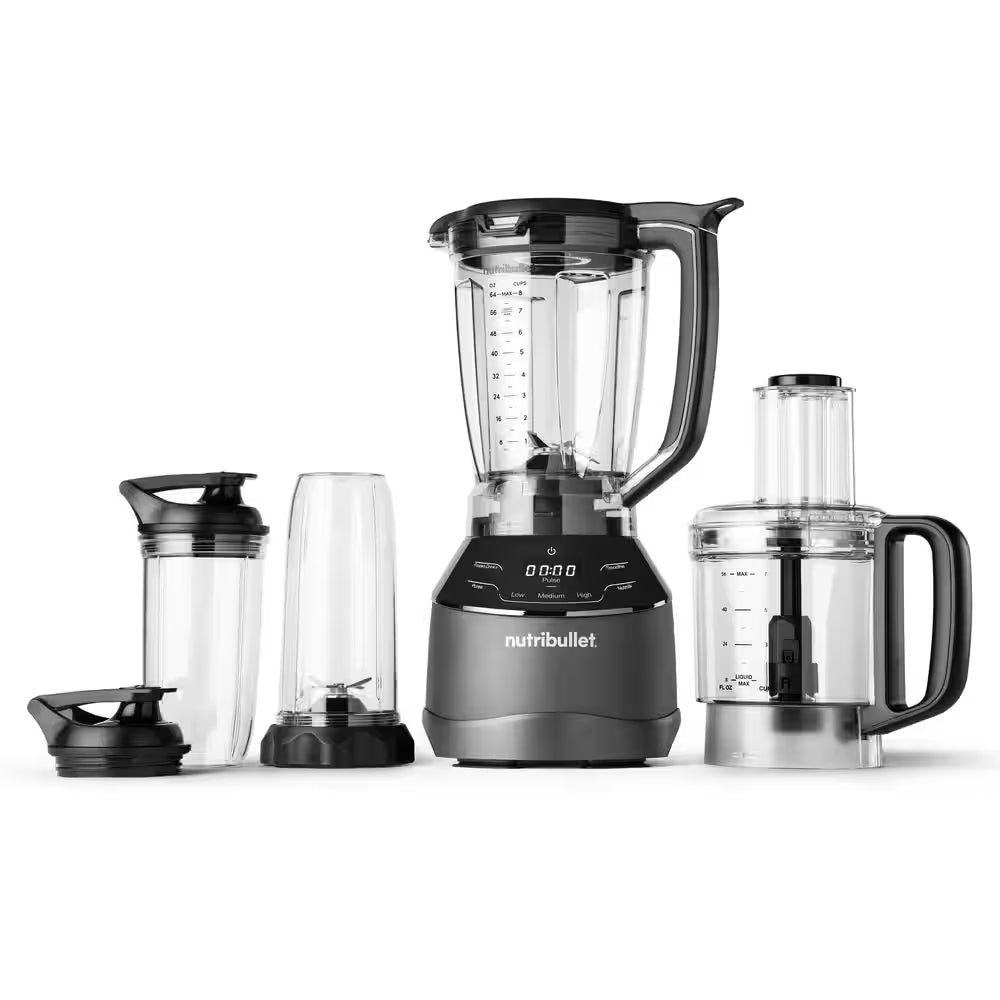 64 Oz Triple Prep System 3 Speed Multifaceted Blender 7 Cup Food Processor Attachment in Gray