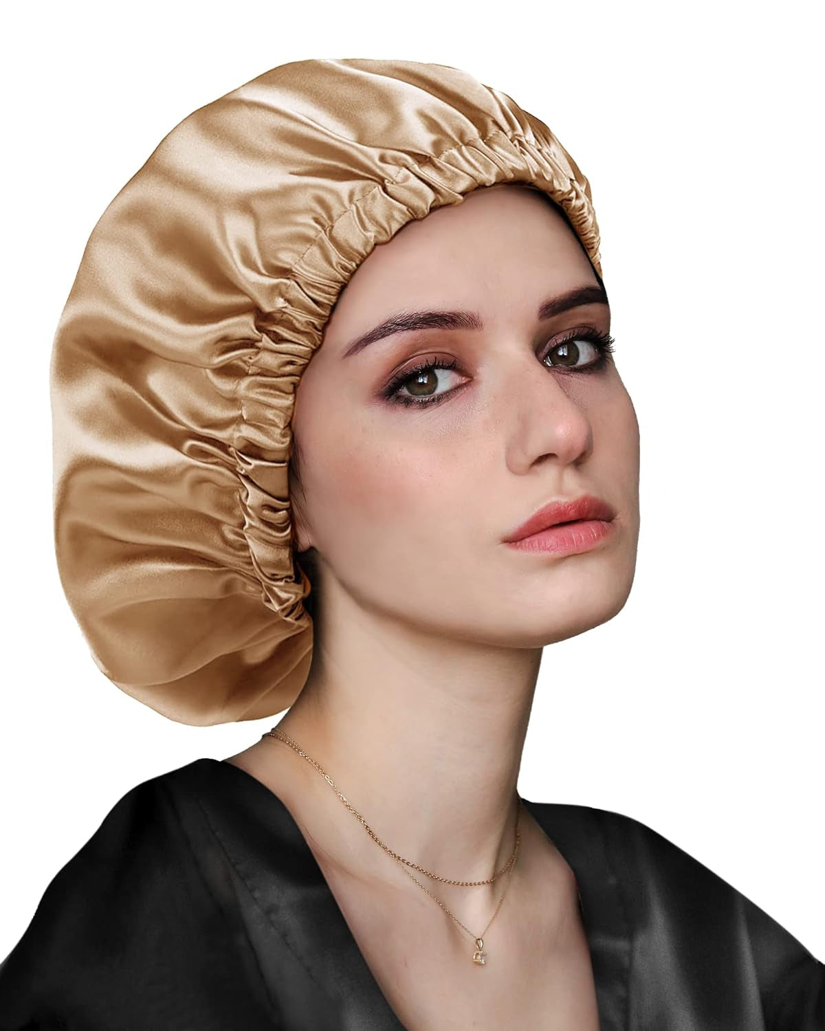 Silk Bonnet, Satin Bonnet Reversible Double Silky Satin Layers Sleep Bonnet, Adjustable Satin Sleep Cap, Two Color in One, Reversible (Gold)