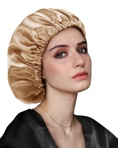 Silk Bonnet, Satin Bonnet Reversible Double Silky Satin Layers Sleep Bonnet, Adjustable Satin Sleep Cap, Two Color in One, Reversible (Gold)