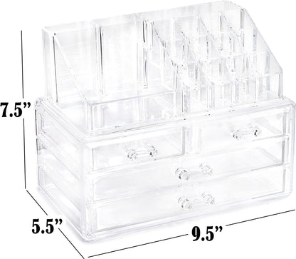 Clear Makeup Organizer – 16-Compartment Cosmetic and Jewelry Holder, 4-Drawer Vanity Storage, Elegant Clear Design for Makeup and Accessories