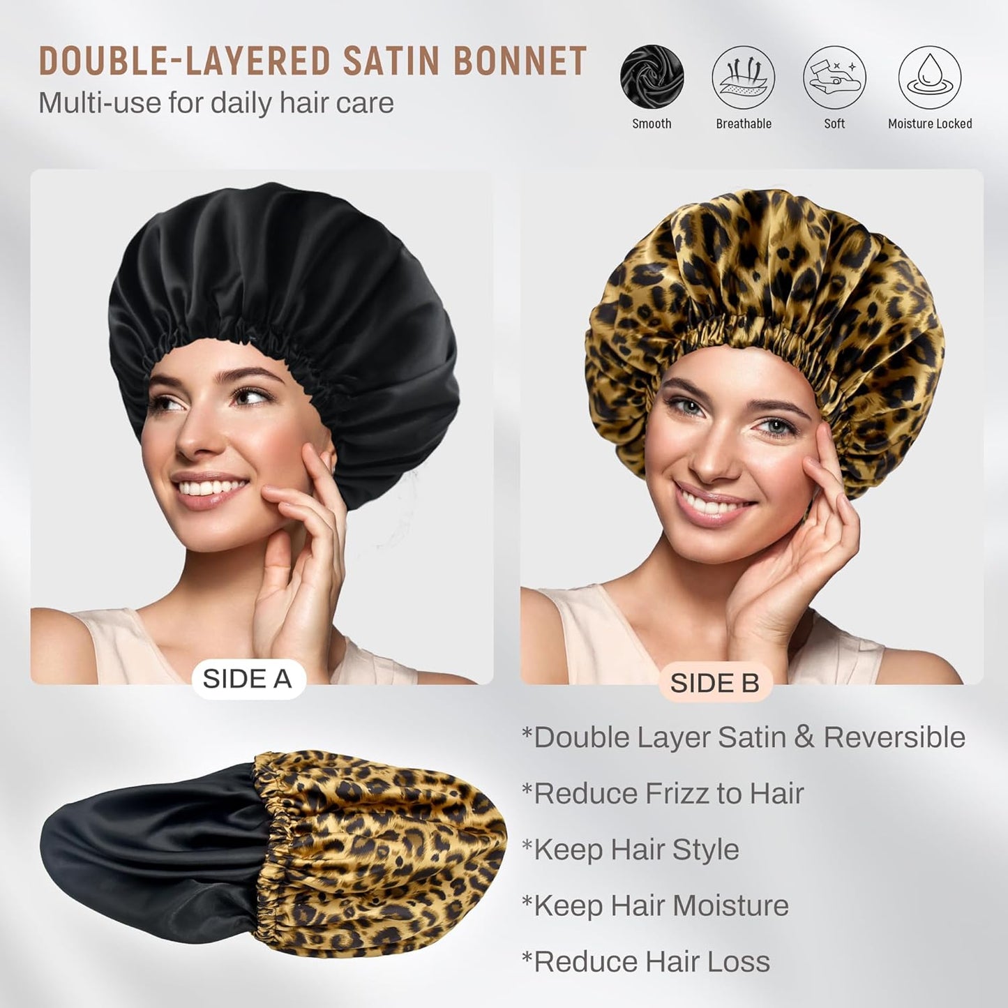 Silk Bonnet for Sleeping Women Satin Bonnet Hair Bonnet for Curly Hair Night Sleep Cap (Leopard)