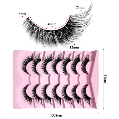 7 Pairs Fake Eyelashes Fluffy False Eyelashes Cat Eye Faux Mink Wispy Lashes Natural Look Lash Extension Eye Lashes 6-21Mm 6D Volume Strips False Lashes with Tweezer for Women Teen Girls