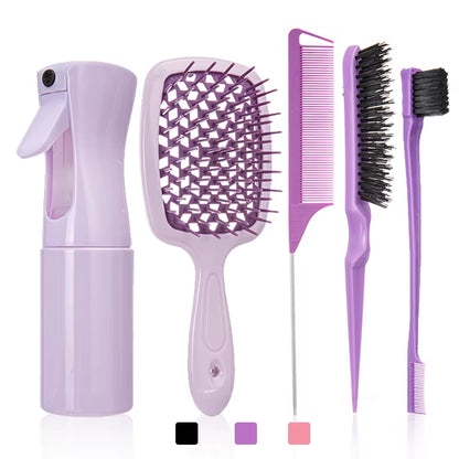 5Pcs/Set Detangling Hair Brush Pink Wig Brush Curved Rat Tail Comb Set Edge Hair Brush Curly Hair Brush Hairdressing Supplies