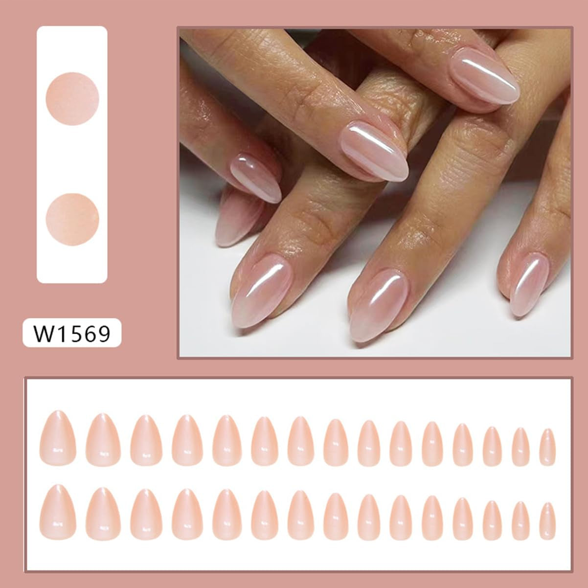 Almond Press on Nails Short Fake Nails Nude Glue on Nails with Designs Glossy Chrome False Nails French Almond Shaped Artificial Nails Reusable Stick on Nails for Women and Girls 24Pcs